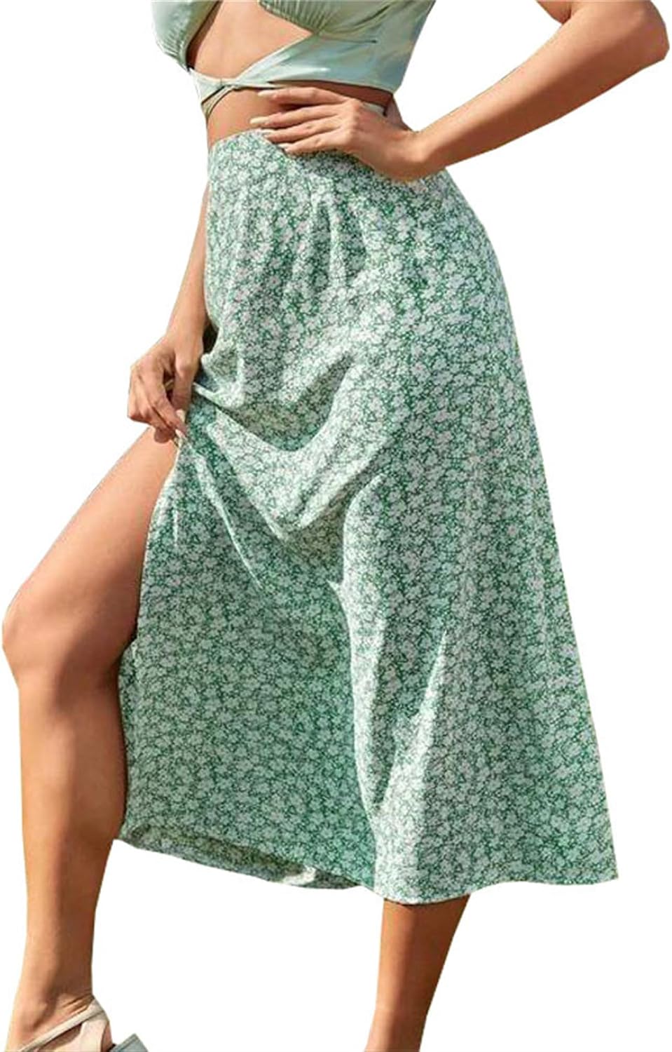 Women's Boho Split Floral Skirt High Waist Swing A Line Midi Skirt Elastic Waisted Ruffle Bodycon Skater Skirts