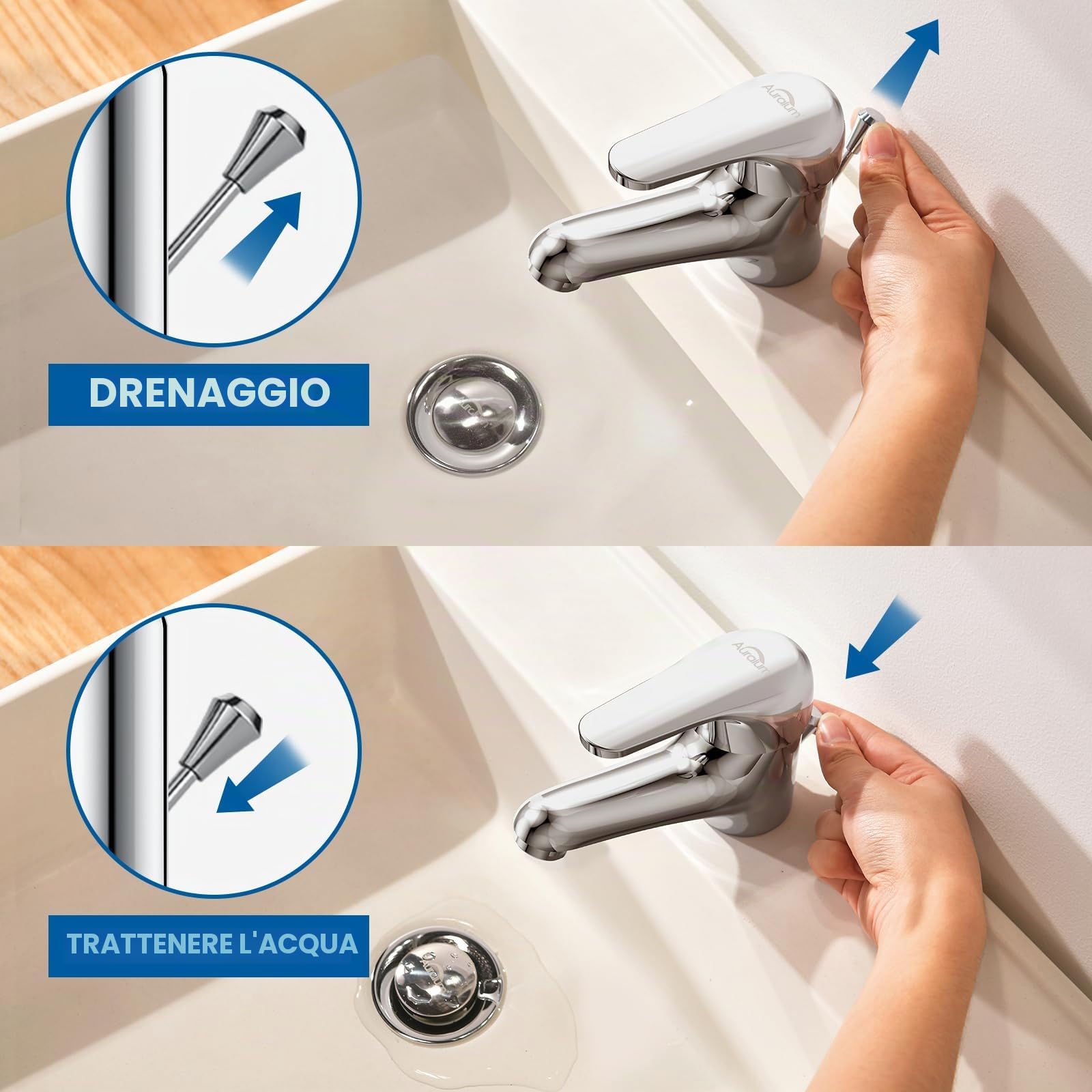 Rubinetto Bagno Lavabo, Auralum Miscelatore, Scarico a Saltarello con Asta Piletta, Rubinetto Monocomando per Piletta Lavandino, Classico Ottone Cromato Rubinetti