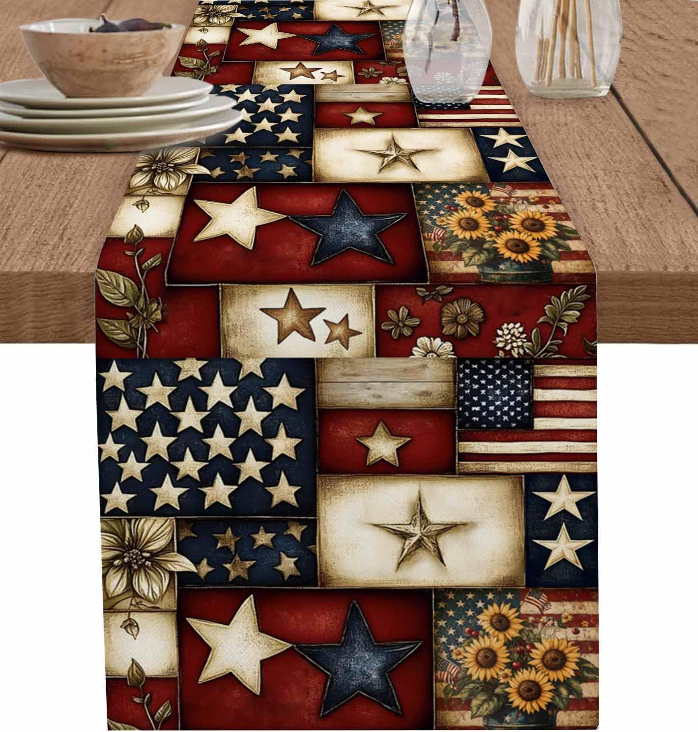 Red Blue American Flag Table Runner 72 Inch Long Dresser Scarves 4th of July Cotton Linen Tablerunners Patriotic Farmhouse Star Dining Kitchen Burlap Table Setting Decor for Party Holiday, 18"x72"