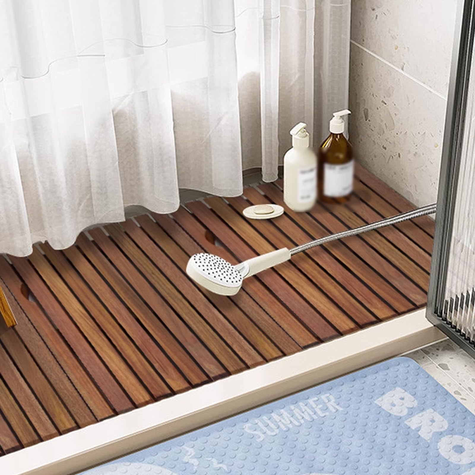 Schnell Trocknende Bambus Badematte,Rutschfeste Rechteckige Spa Holz Badvorleger Badematte,Wasserdichte Duschmatte,Robuste Holzbodenmatte,mit Matte und Griff,für Drinnen Draußen (45x45cm/18x18in)