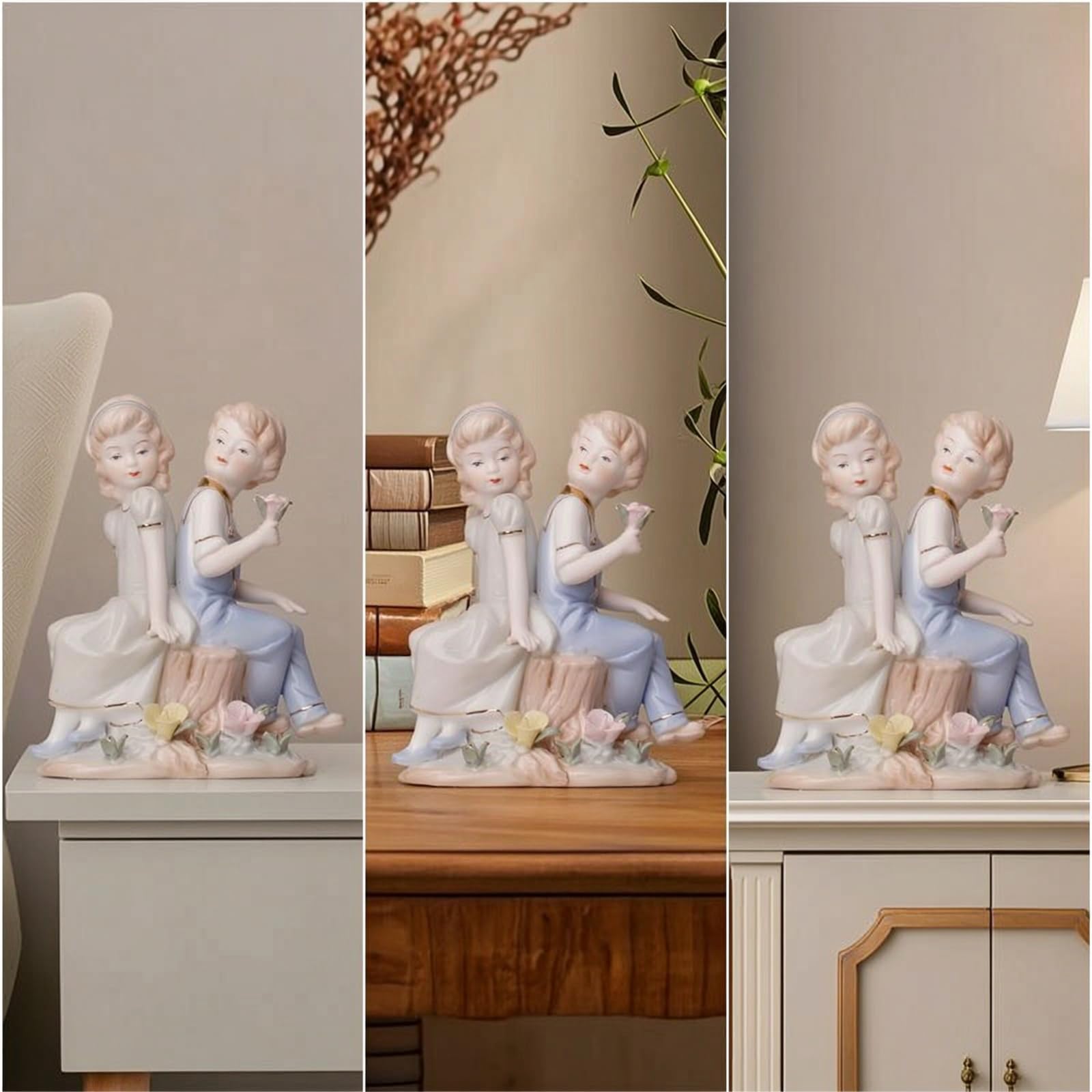 Gralara Pareja de Niños Figurita Estatua Escultura Adorno en Barnizada con Brillo Suave y Acabado Pulido Pieza de Mesa Compacta Que Ahorra Espacio Adecuada para Dormitorio Sala de Estar Regalo