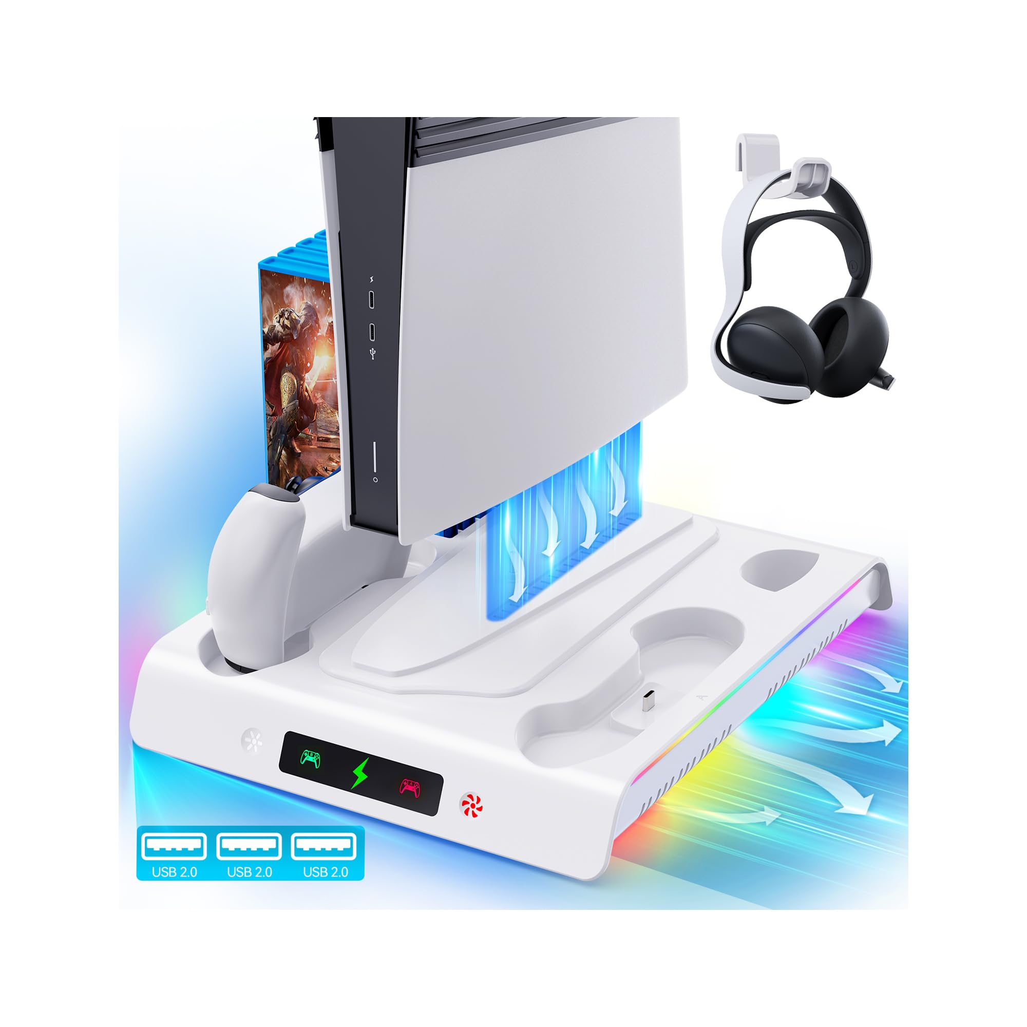 Labtec Soporte para PS5 / PS5 Slim / PS5 Pro con ventilador de enfriamiento y iluminación RGB, base de carga de controlador dual para consola PS5/Slim/Pro con 5 ranuras para juegos y 3 puertos USB