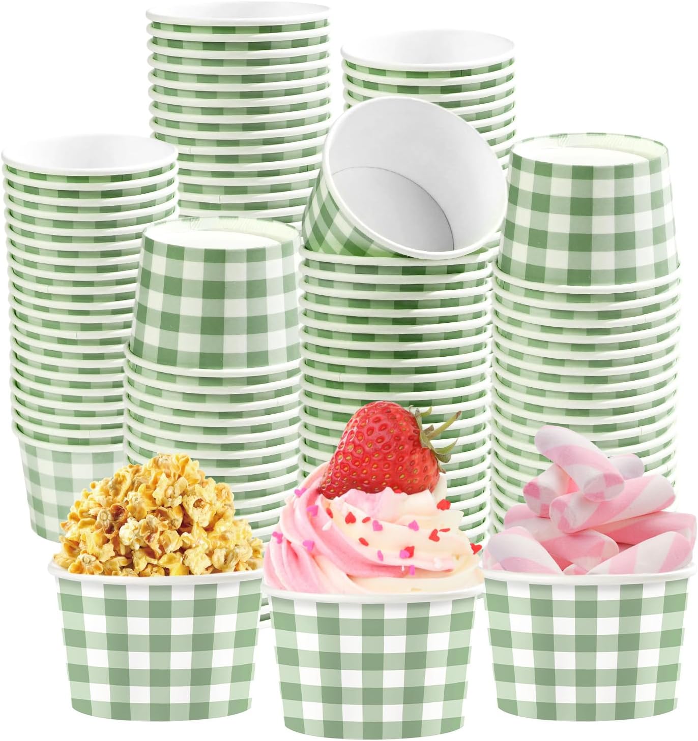 120 Pcs Gingham Paper Cups 12 oz Disposable Green Paper Dessert Snack Bowls Sage Green Gingham Ice Cream Cups Food Yogurt Cup Containers for Hot or Cold Food Soup CandiesBirthday Wedding Bride Shower
