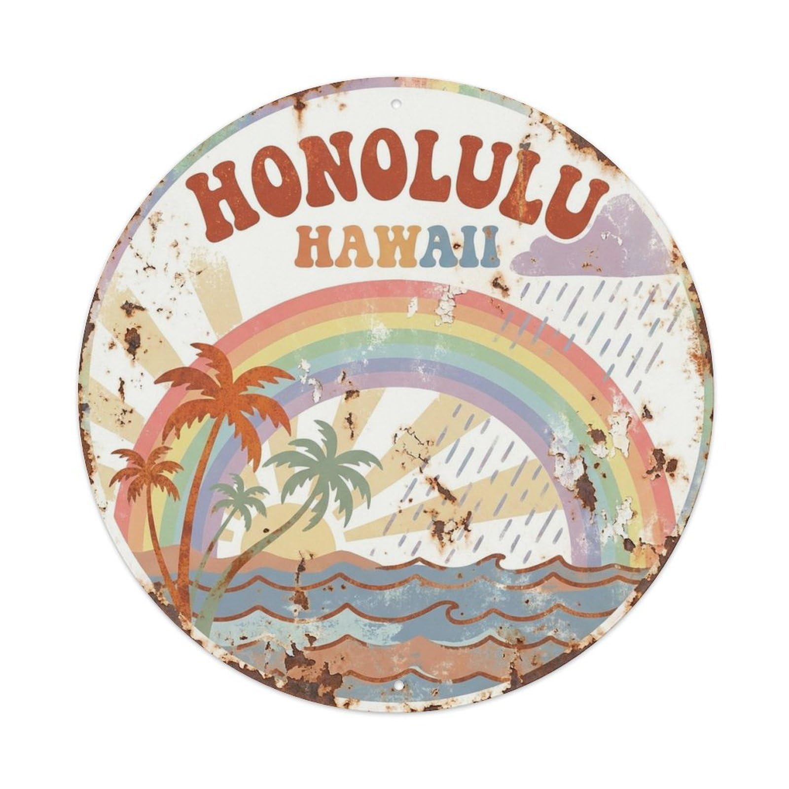 Olyhtr 8X8inch Classic Style Honolulu Hawaii Rainbow Beach Travel Harbor Metal Tin Sign