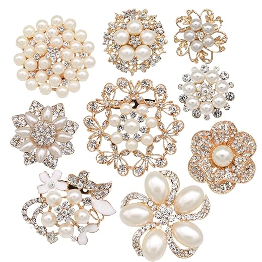 Lot 9pcs Rose Gold-Tone Rhinestone brooches, Big Pearl Crystal Wedding Bouquet kit Set