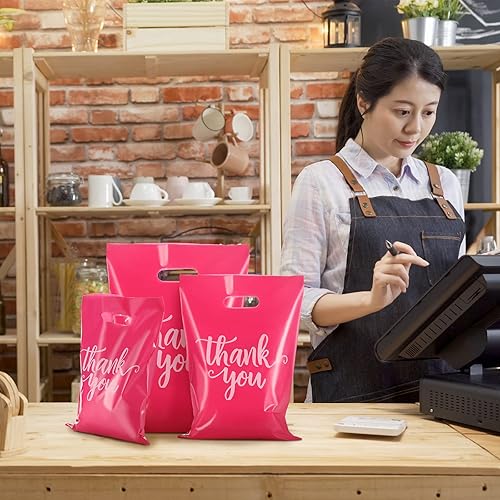 Miniatura 7 de 200 bolsas de mercancía de agradecimiento troqueladas con asas, 3 tamaños, bolsas de regalo de plástico, bolsas de regalo para pequeñas empresas,