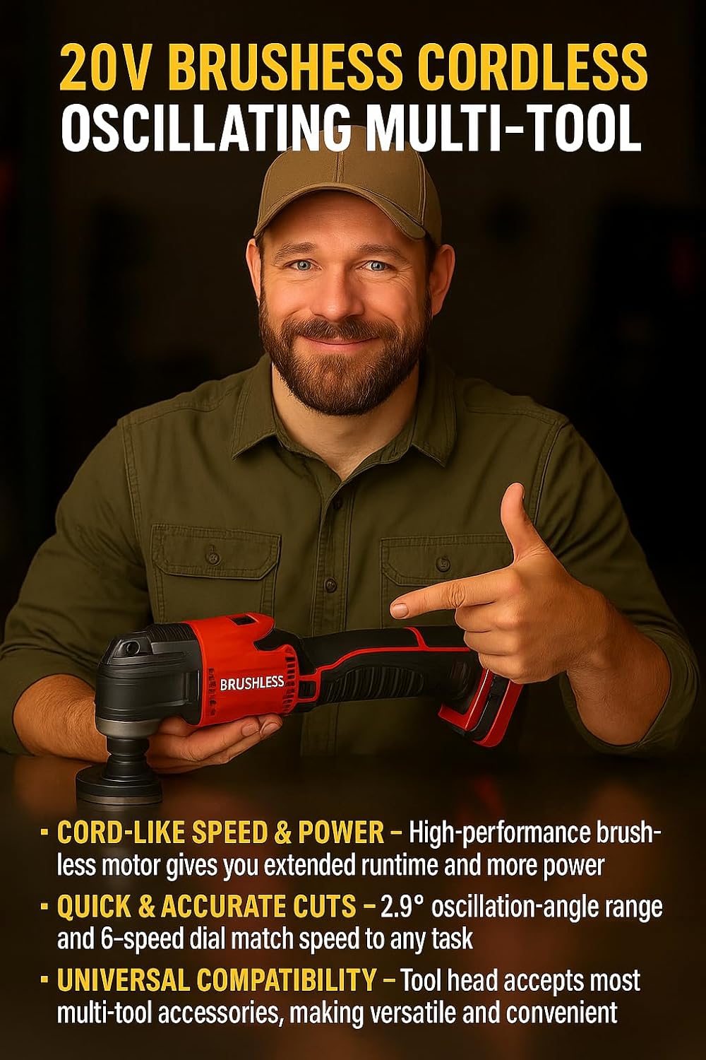 20V Brushless Cordless Variable-Speed Oscillating Multi-Tool, 2.9° Angle Range, 20,000 OPM Max, 6-Speed Dial, LED Light, Universal Quick-Change Head – Works with Bauer Batteries (Sold Separately)