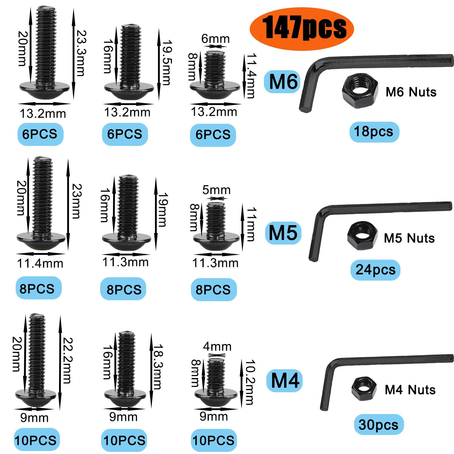 WeqeYent Black M4 M5 M6 Stainless Steel Nuts and Bolts Set, Flanged Button Head Socket Cap Bolts with Wrenches - Image 2