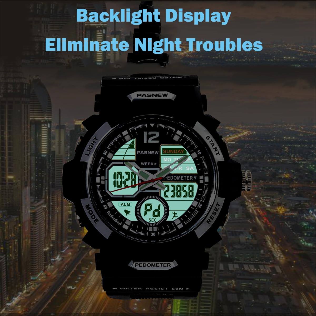 PASNEW Orologio analogico digitale per bambini, contapassi, cronometro, multifunzione, impermeabile fino a 50 m, per adolescenti, ragazzi, ragazze, blu scuro, 489Blu, moderno