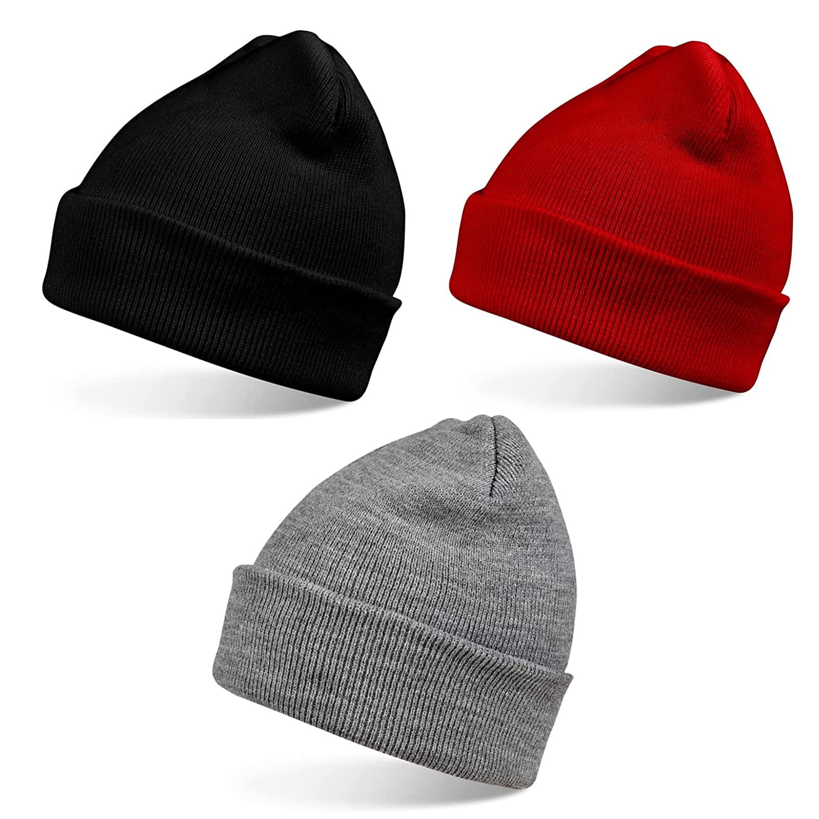 ZOORON Beanies Hats for Men Women Knit Hats Winter Beanies Men's Women's Knit Cuffed Beanies Hats, 3pack-black+lightgray+red, 6 7/8-7 7/8