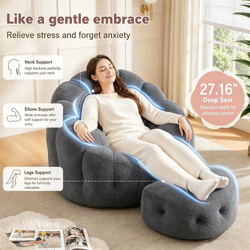 Flower Bean Bag Chair with Ottoman, Comfy Fuax Fur Beanbag for Adults & Teens, Fluffy Plush Floor Lazy Sofa for Bedroom, Living Room, Reading Nook, Grey