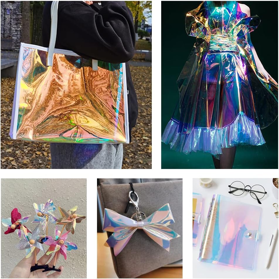 12x53 Inch Iridescent Blue PVC Vinyl Holographic Clear Synthetic Fabric Transparent Laser Rainbow for DIY Patchwork Bags Bows Jewlery Making (XHT-299-L)