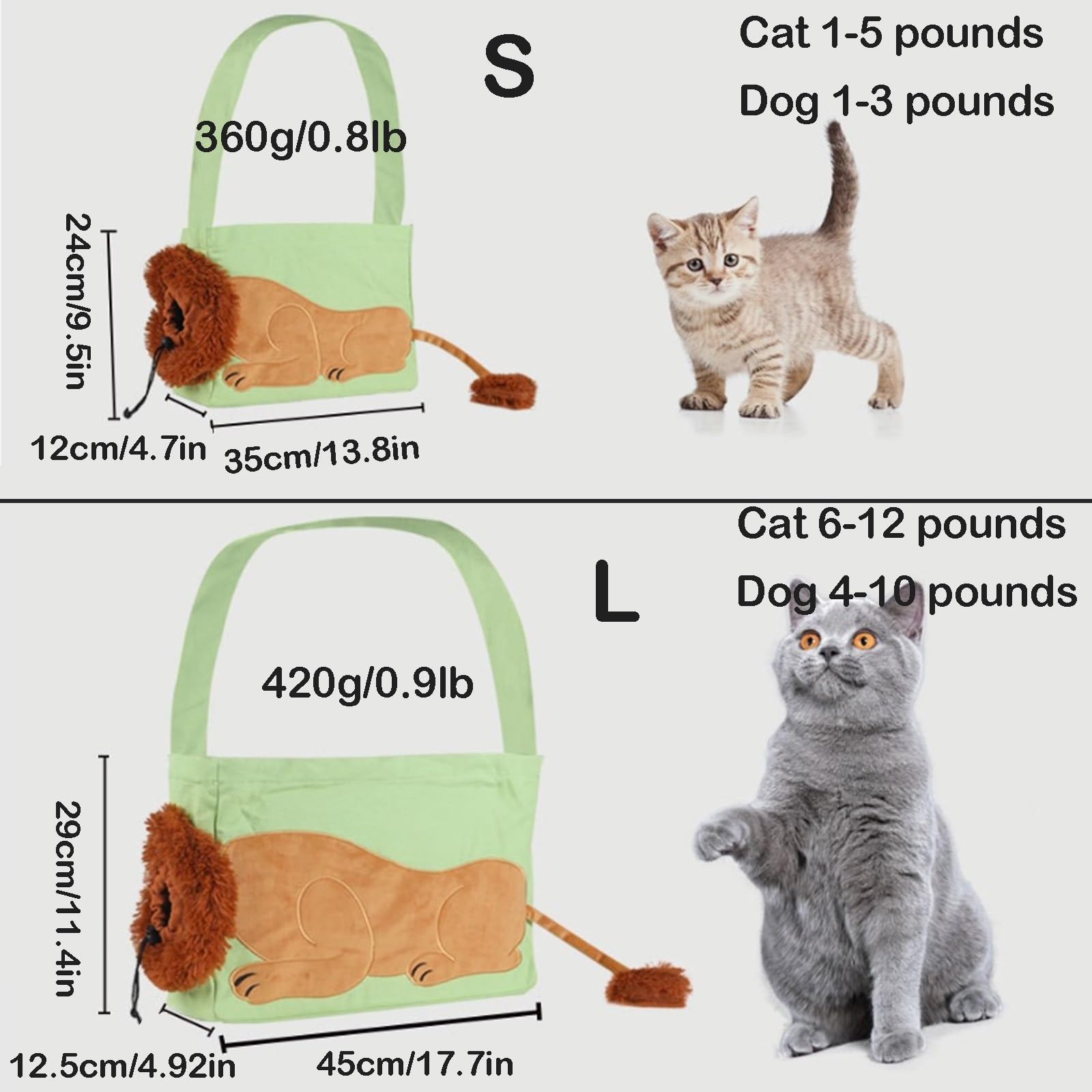 Pet Canvas Shoulder Bag, Small Dog Sling Carrier, Lion Shaped Cute Cat Carrier Portable, Wider shoulder straps, Breathable design, for Small Dogs and Cats Pet Supplies ( Color : Gray , Size : Large )