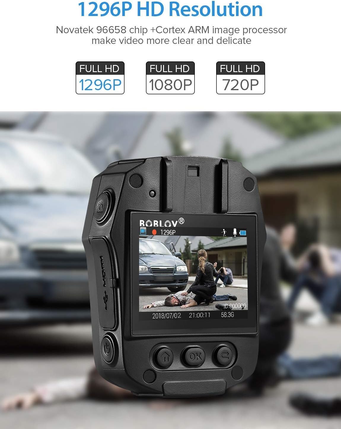 BOBLOV PD50 Body Camera displaying a 1296P video recording on its screen, showing a scene with people.