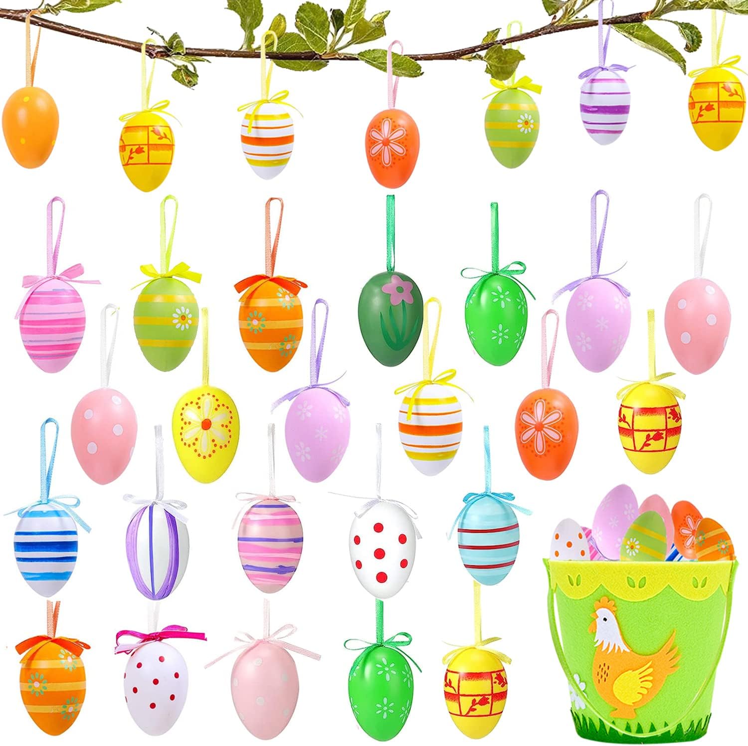 Yoawllty Easter Decorations,24 Pcs Plastic Easter Egg Hanging Ornament and1Pcs Easter Egg Basket for Kids- 2.3" Decorative Multicolored Hand Painted Eggs DIY Crafts Tree Ornaments (Random Style)