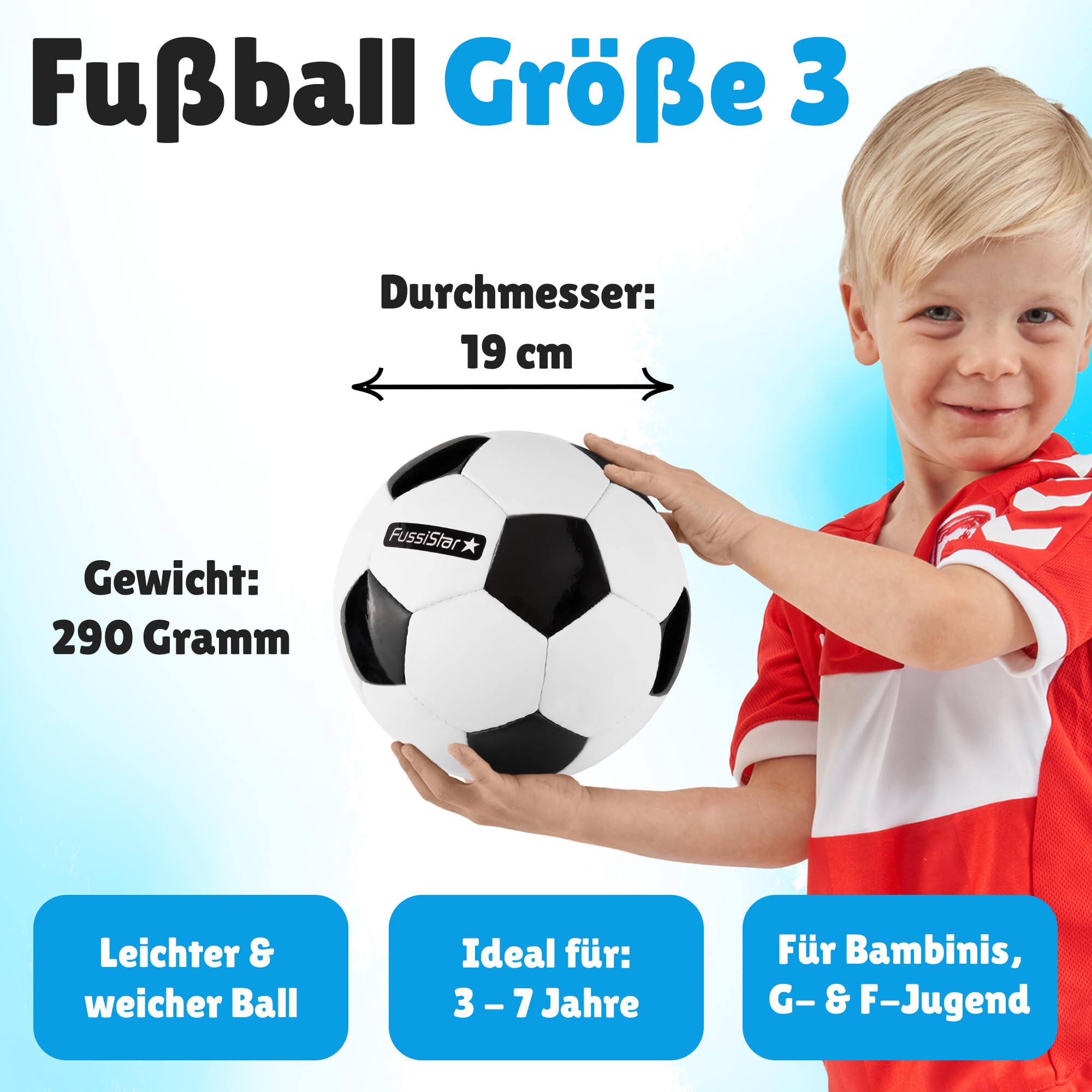 Fußball Größe 3, klassisch schwarz-weiß, für Kinder ab 3 - 7 Jahre. Robust & hochwertig, 290g leicht, klein und weich, als Bambini-Fussball, Spielball für Kinder oder als Geschenk - Set mit Ballnadel