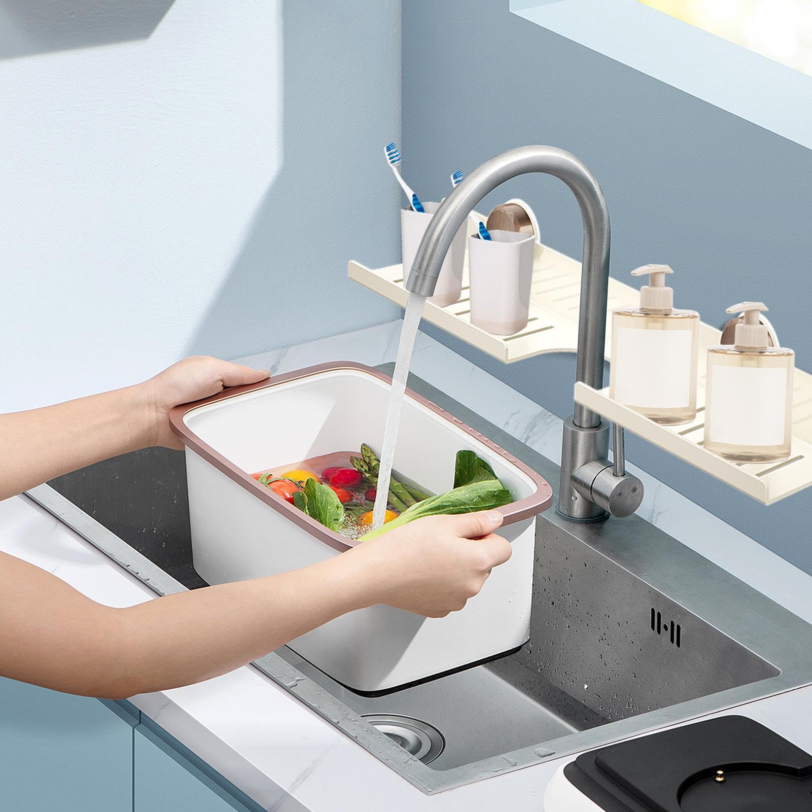 Estante Para Lavabo Encima Del Grifo | Estantes De Pared Para Baño,Organizador De Acero Al Carbón Con Que Ahorra Espacio Para Baño Y Cocina En Espacios Pequeños