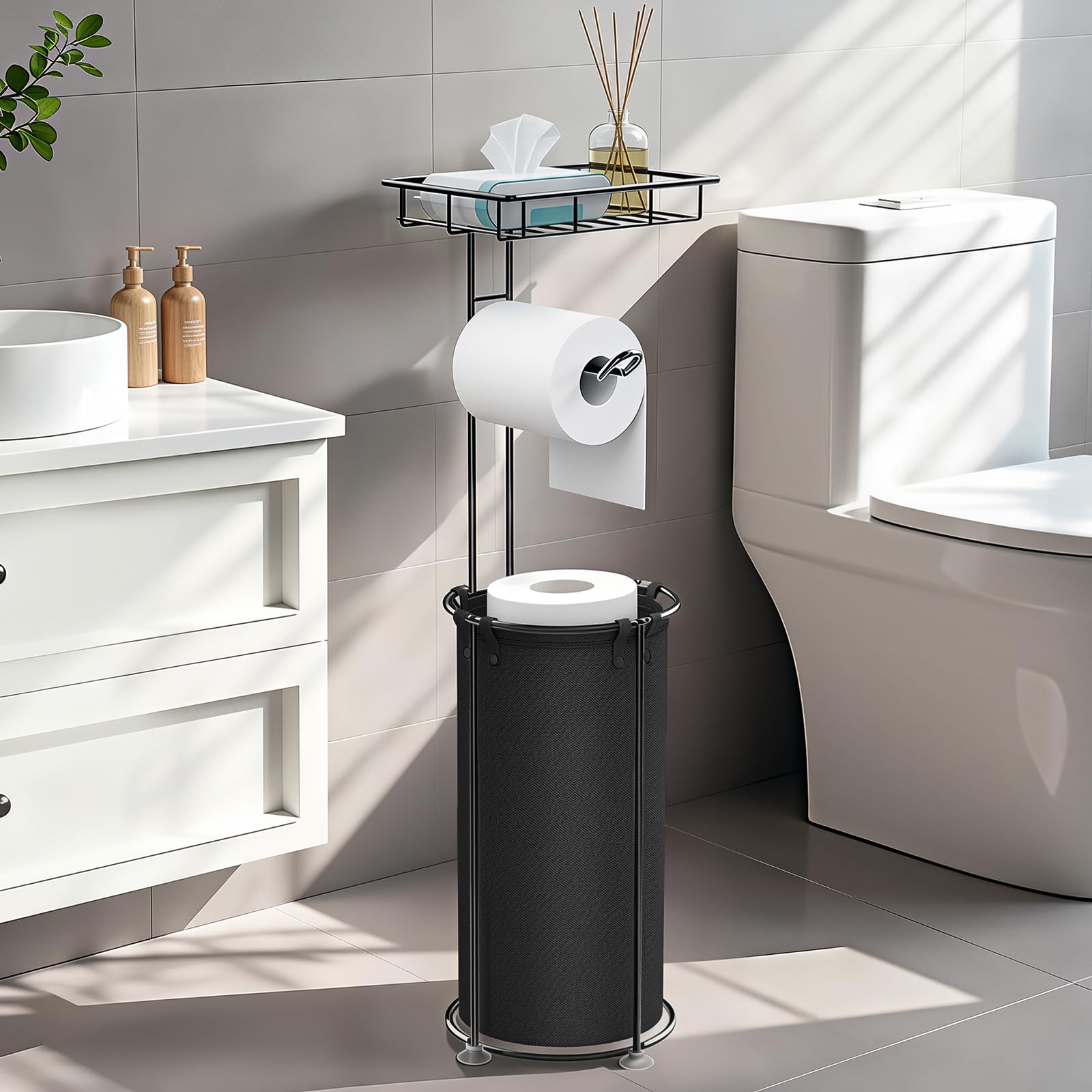 Lewondr Freistehende Toilettenpapierhalter, Toilettenpapierhalterständer mit Regal, Toilettenpapierhalter mit Aufbewahrungstasche für 3 Rollen von Tissue, Schwarz