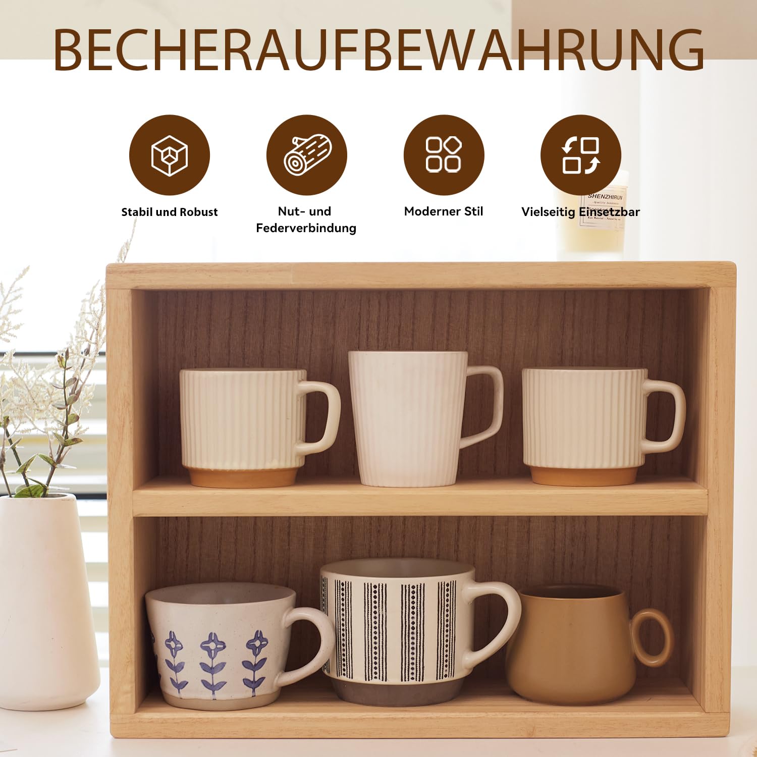 KIRIGEN Holzregal, Küchenregal und Schreibtisch-Organizer, Natur | 2 Ebenen; ca. 41 × 13 × 31,3 cm; Paulownia-Massivholz; Schlitz-und-Zapfen-Verbindung; fertig montiert; Pflanzenöl-Finish
