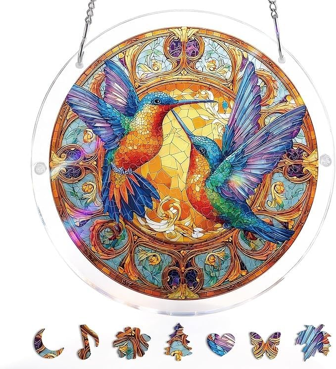 83 Pieces Hanging Acrylic Suncatcher Puzzle,DIY Acrylic Jigsaw Puzzle for Adults, 2mm Transparency Acrylic, Acrylic Suncatcher Puzzles for Doors Garden Window (Two Hummingbirds, 9 Inches) — image 1