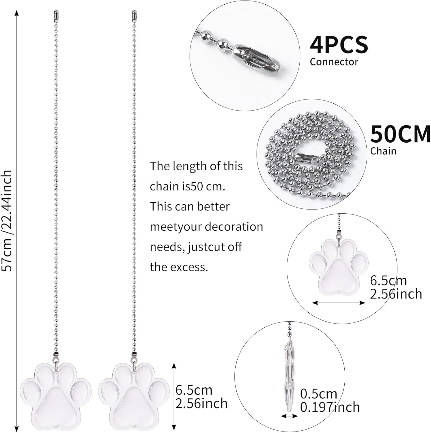 2 Pieces Crystal Ceiling Fan Pull Chain Decorative Clear Pet Footprints Pull Chain Ornaments Extension 22 Inch Ceiling Ornament with Connectors