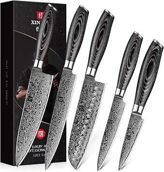 XINZUO 5PC Kitchen Knife Set Damascus Steel, High Carbon Steel Chef Knife, Slice, Santoku, Utility, Pairing Knife Set, Pakkawood - Ya Series