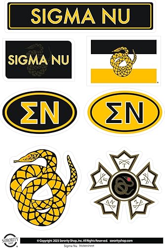 Hojas de calcomanías Fraternity Sigma Nu  Calcomanías de vinilo diseñadas a medida con diseños oficiales, adhesivo extraíble, 7 calcomanías por hoja disponible en Yaxa Venezuela
