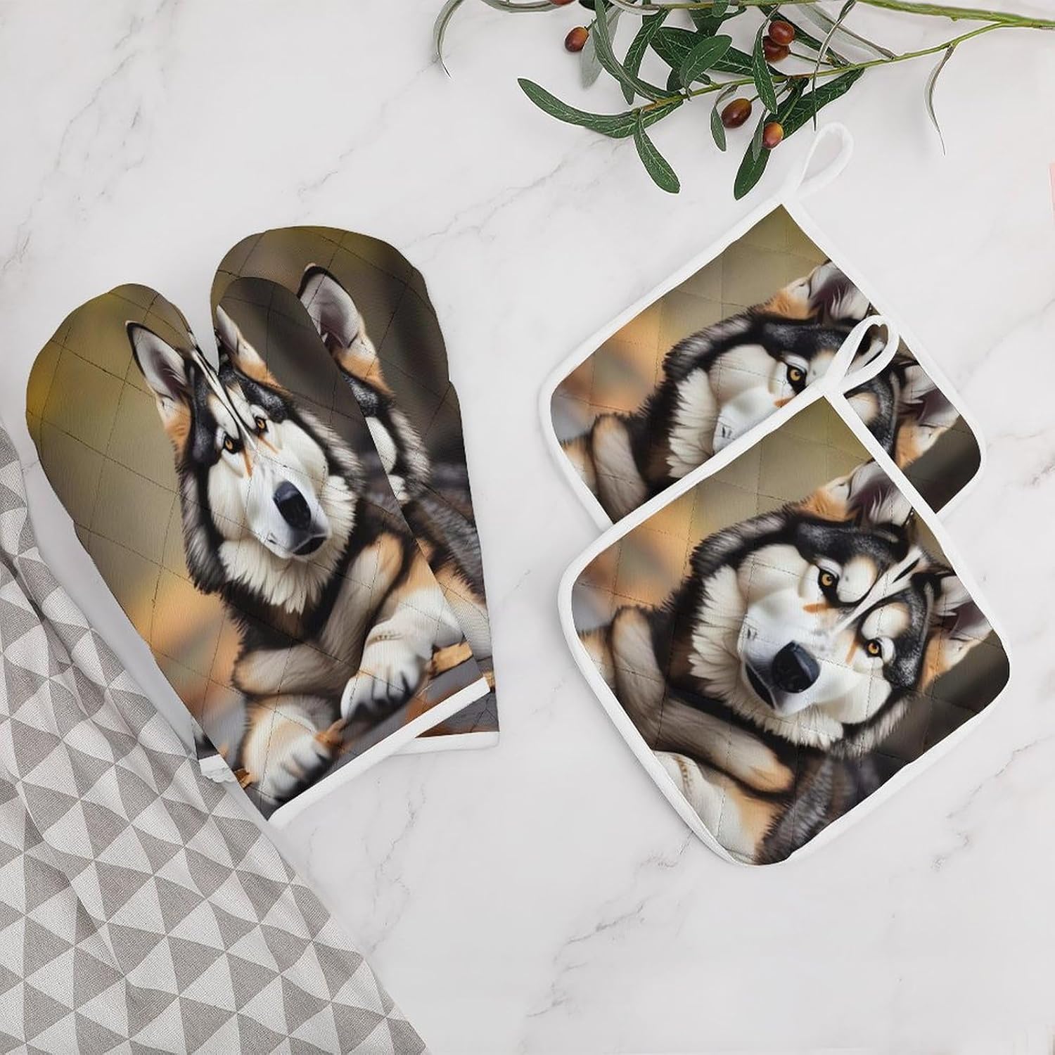 Oven Mitts Pot Holders Kitchen Cute Huskys Heat Resistant Oven Glove for Baking and Cooking