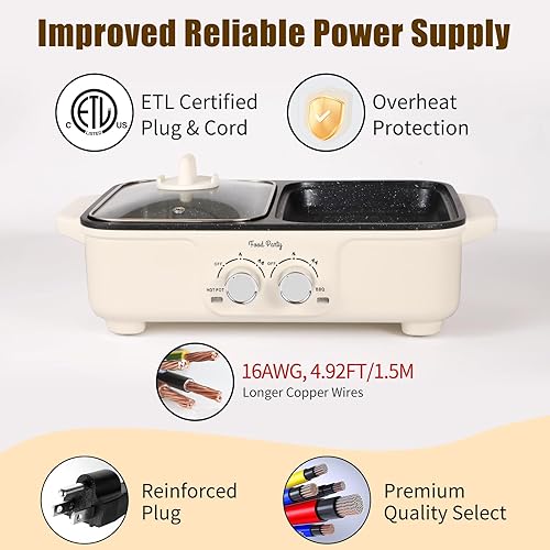 Miniatura 5 de Food Party Parrilla eléctrica 2 en 1, parrilla coreana para barbacoa interior sin humo, olla eléctrica Sahabu Shabu Pot antiadherente (pequeño)