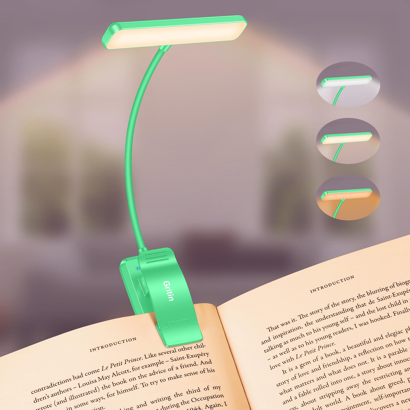 Gritin Leselampe Buch Klemme, USB Wiederaufladbare Buchlampe mit 19 LEDs, 3 Farb, Lange Laufzeit, Stufenlose Helligkeit Klemmlampe, 360°Flexibel Klemmleuchte für Nachtlesen ins Bett-Orchideengrün
