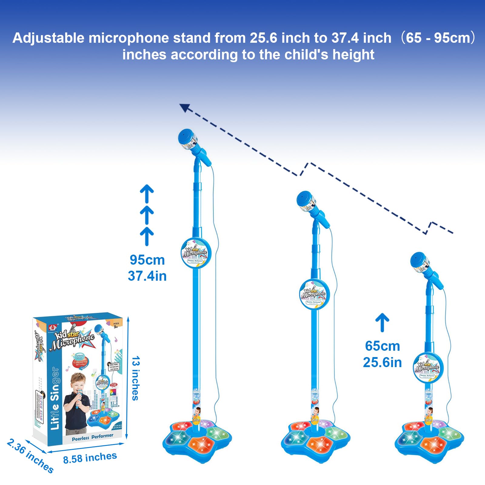 Micrófono de karaoke para niños con soporte ajustable, micrófono de pie para cantar portátil, auriculares retráctiles para cantar música, base de luz intermitente para niños y niñas de 3 a 6 años 5