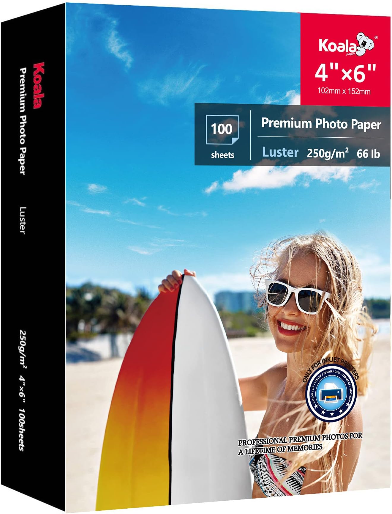 KOALA PAPER Premium Photo 4x6 Inch Luster Finish, Soft Gloss 66lb Water-resistant, for Inkjet Printer 100 Sheets