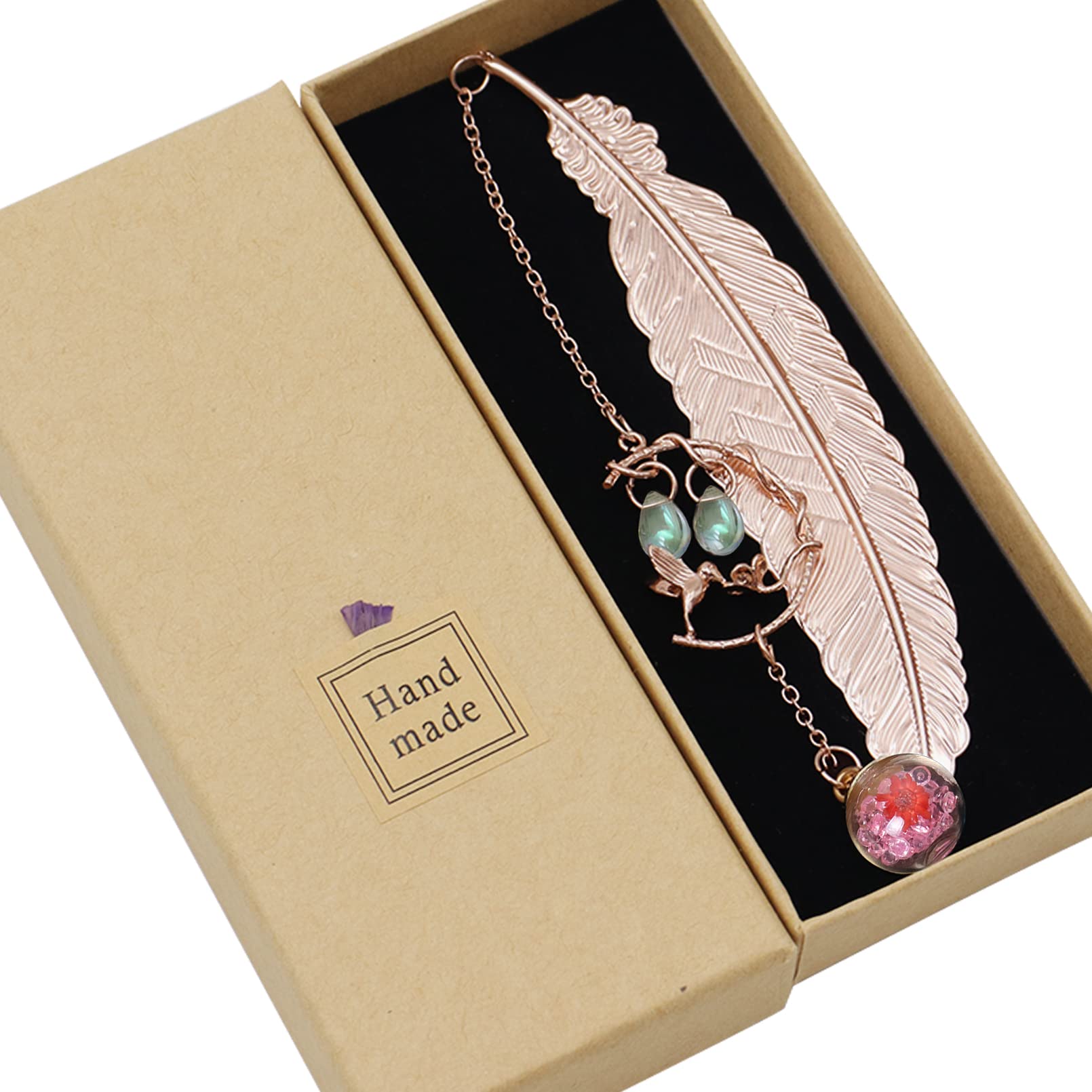 Metal Feather Bookmark with 3D Hummingbirdand and Glass Beads Pendant, Handmade Vintage Bookmark with Gift Box