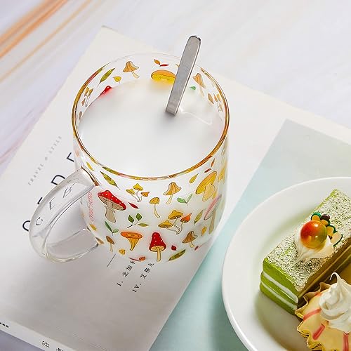 Miniatura 6 de CHENGU Taza de Hongo con Asa, Taza de Vidrio de Hongo Transparente de 15 oz Taza de Regalo con Cuchara de Acero Inoxidable para Café Té Leche