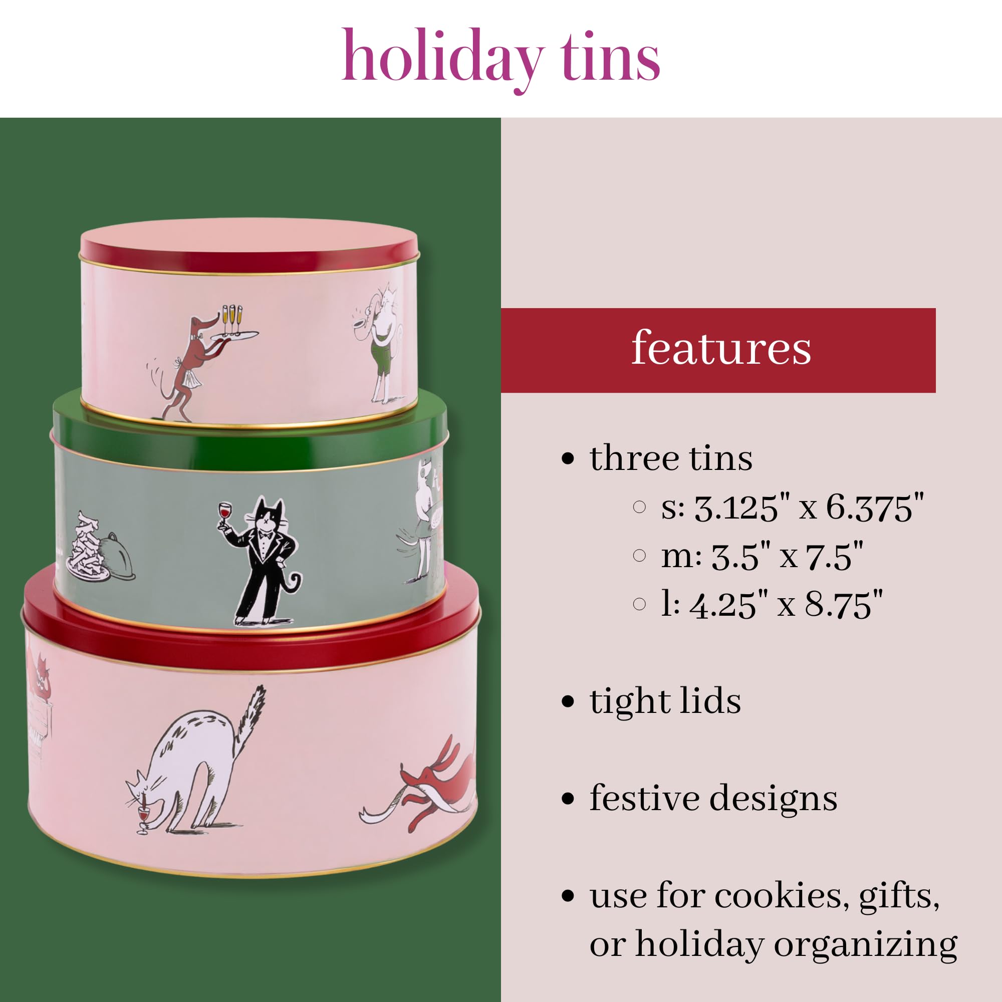 Kate Spade New York Lot de 3 boîtes décoratives avec couvercles, boîtes gigognes en métal, petites, moyennes et grandes, boîtes à biscuits de Noël, boîtes pour offrir et ranger, fêtes de vacances