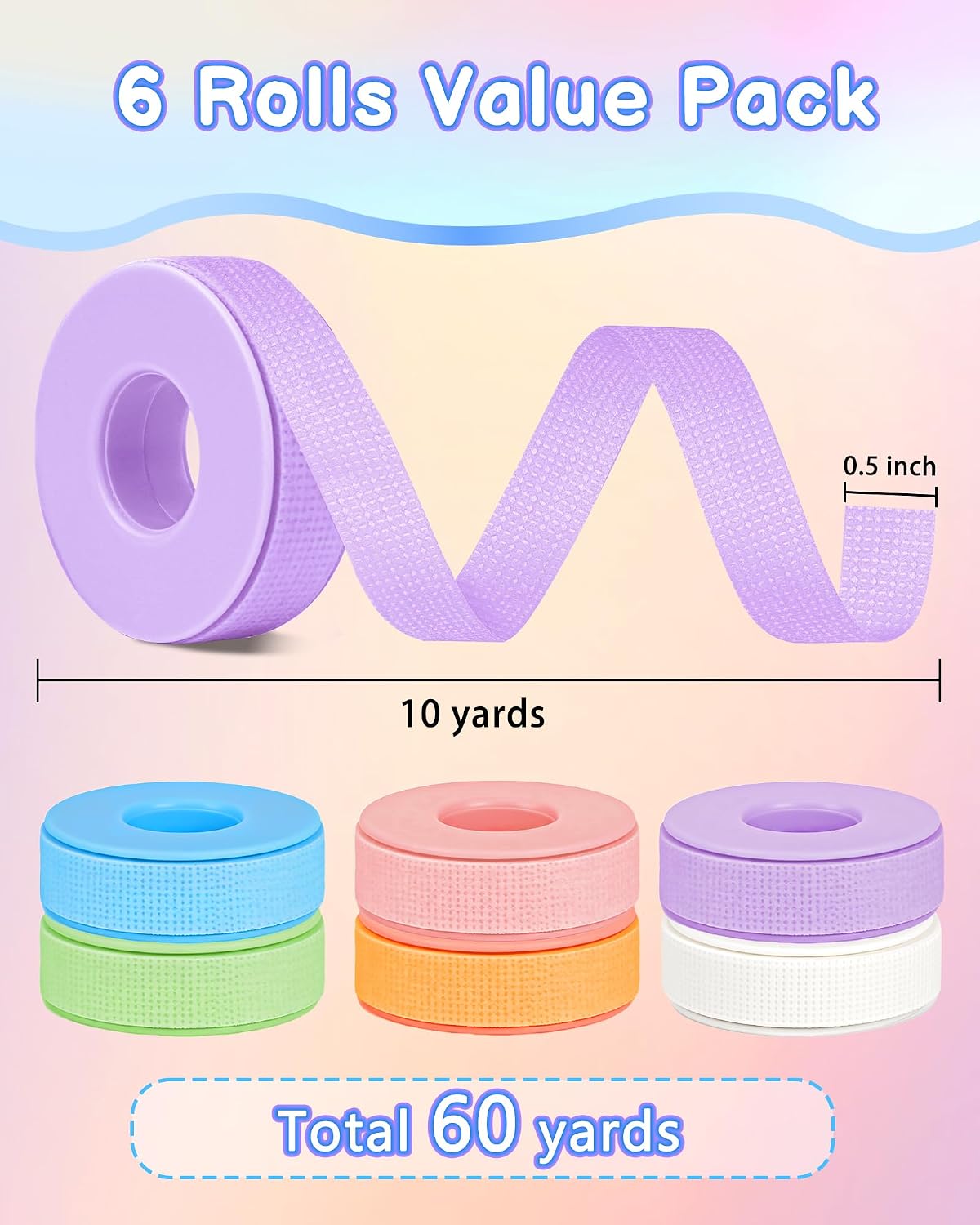 6 Rolls Lash Tape & 30 Glue Rings for Eyelash Extension, Adhesive Eyelash Tape, Breathable Micropore Fabric Tape for Lashes Extension, Total 60 Yards (6 Colors)