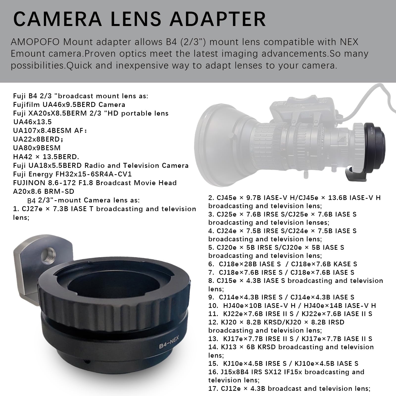 B4-NEX - Adattatore per obiettivo B4 2/3", compatibile con fotocamera Alpha E-Mount a7,a7S,a7II,NEX-3 NEX-5,NEX-C3,NEX-5N,NEX-7,NEX-F3,NEX-5R,NEX-6,B4 to NEX con treppiede