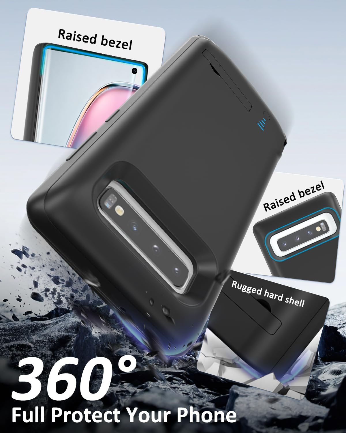 Coque de protection pour Samsung Galaxy S10 - 6000 mAh - Fin et rechargeable - Étui de chargement de batterie de secours - Coque de protection portable pour Samsung Galaxy S10 - Noir