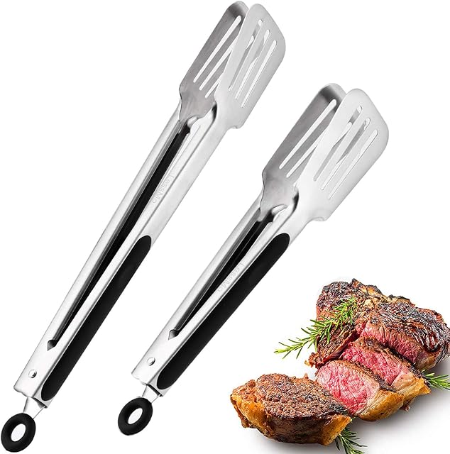 LessMo Kitchen Tongs, Pack of 2 (9 and 12), Premium Stainless Steel Cooking Tongs with Non-Slip Silicone Grip, Handy Utensil for Serving, Barbecue, Buffet, Salad, Ice