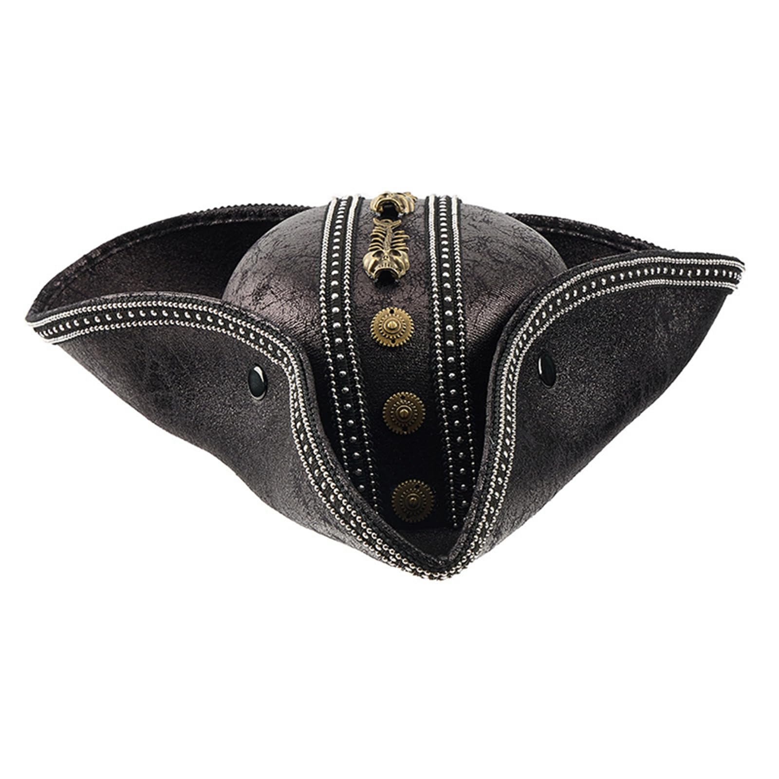 FeMereina Pirate Hat for Women and Men Creative Leather Tricorn Costume Hat for Halloween Cosplay Party Supply (Black, One Size)