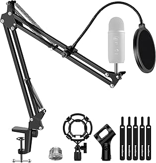 Microphone Stand Mic Boom Arm for Blue Yeti HyperX QuadCast S SoloCast Snowball Fifine K669B and other Mic, with Shock Mount Windscreen Pop Filter Mic Clip Holder Cable Ties, Medium