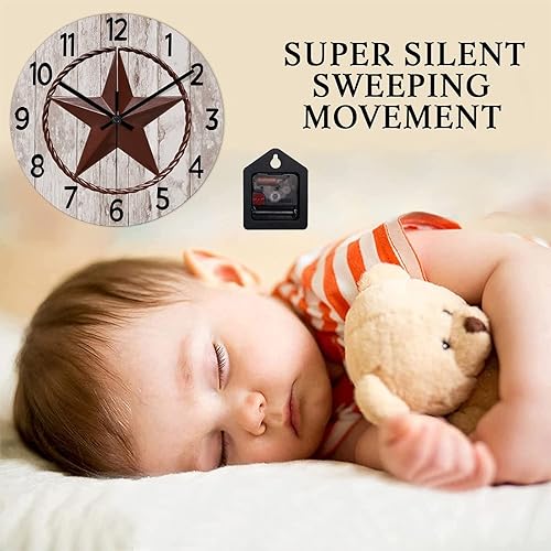 Miniatura 3 de Reloj de pared retro de estilo rústico con estrella de Texas occidental, reloj de madera, silencioso, sin tictac, funciona con pilas, para sala de