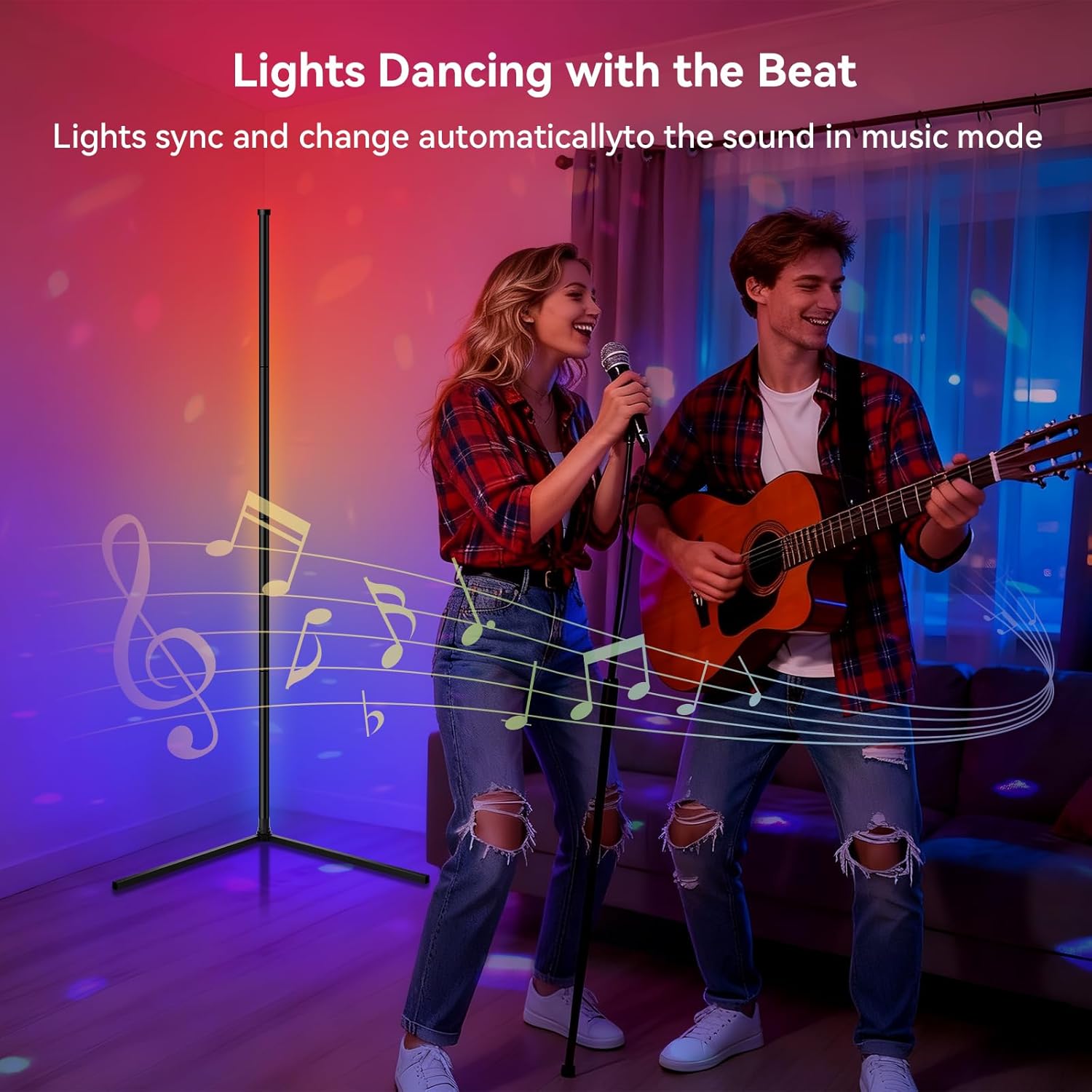 RGB LED Corner Floor Lamp - Smart App & Remote Control, Music Sync Color Changing Ambience Light with 16 Million Hues, Perfect for Bedroom, Living Room & Gaming Room