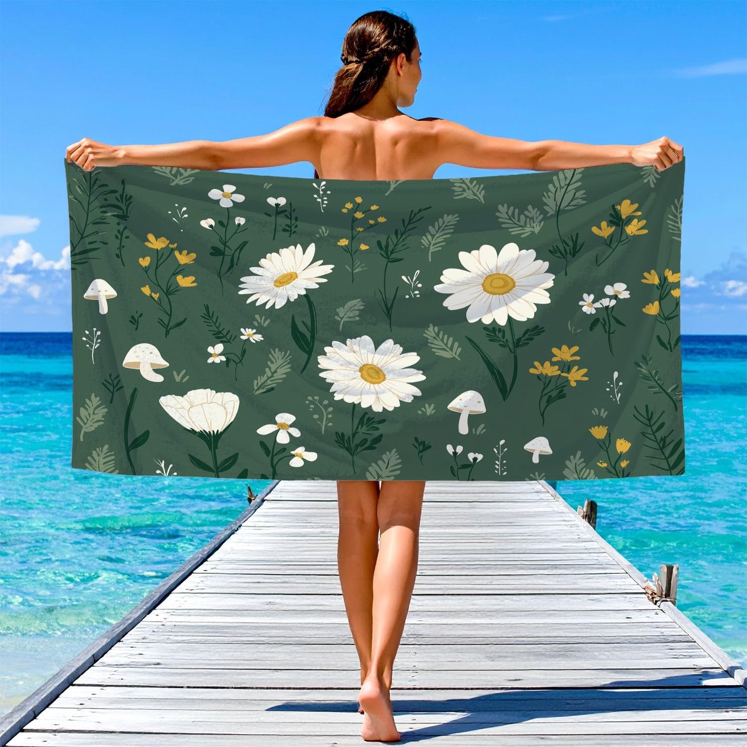Drap de Plage Anti Sable Sechage Rapide 200 cm x 100 cm Vintage Campagne Serviette de Plage Microfibre Campagne Scandinave Chaleureux Frais Plantes Fleurs Absorbante Super Couverture de Plage