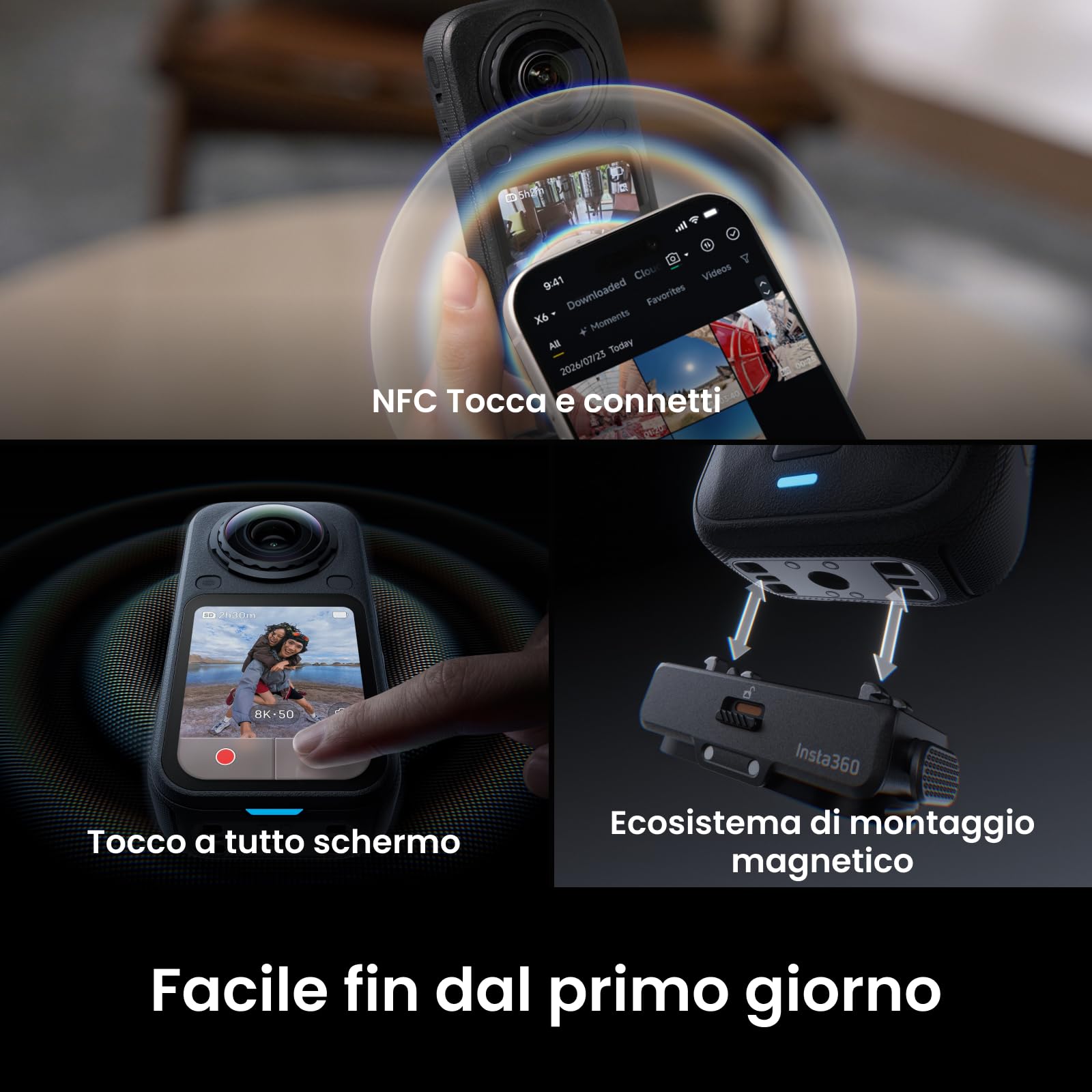 Insta360 X6 - Action cam 360 8K con sensori da 1/1,1″, Nero notte | Videocamera, doppio sensore quadrato personalizzato da 1/1,1″, triplo chip IA, lenti sostituibili 2.0, 140 min di video in 8K