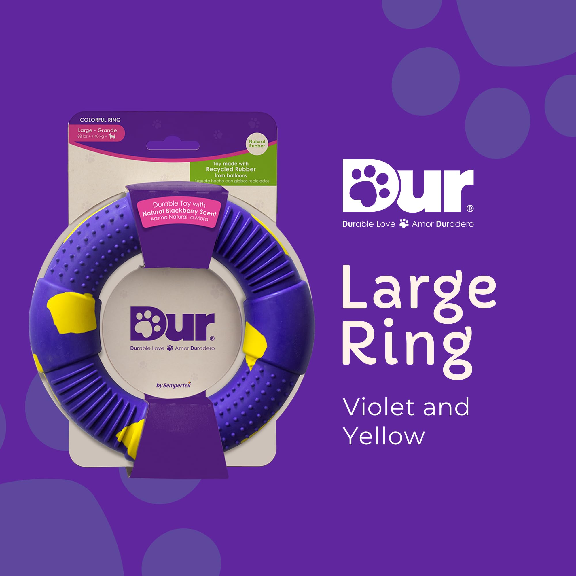 DUR Large Ring Dog Tug Toy, Purple/Yellow, Blackberry Scent, Durable Recycled Rubber - Image 3