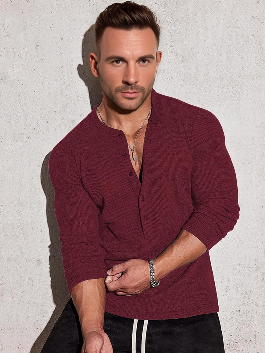 Men's Waffle Henley 5 Buttons Stylish Long&Short Sleeve T-Shirt Casual Slim Fit Tee - Image 5