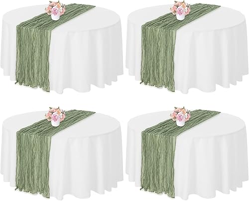 Juego de 4 manteles redondos de 90 pulgadas y camino de mesa de gasa de 35 x 120 pulgadas, mantel de gasa y mantel lavable de poliéster blanco para