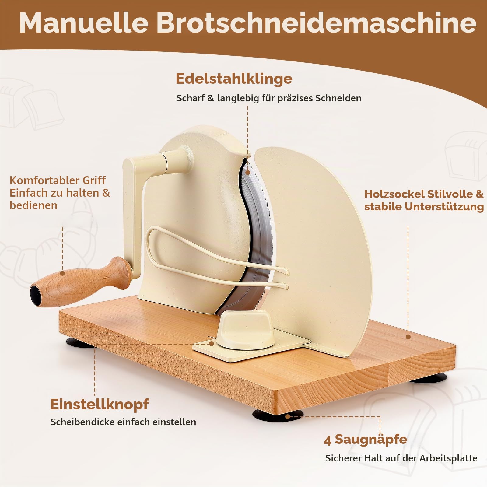 Brotschneidemaschine manuell mit Holzrahmen & Edelstahlklinge, Einstellbare Schnittstärke 0-2 cm, Ideal für Brot, Baguette & Brötchen, Hobel für gleichmäßige Scheiben