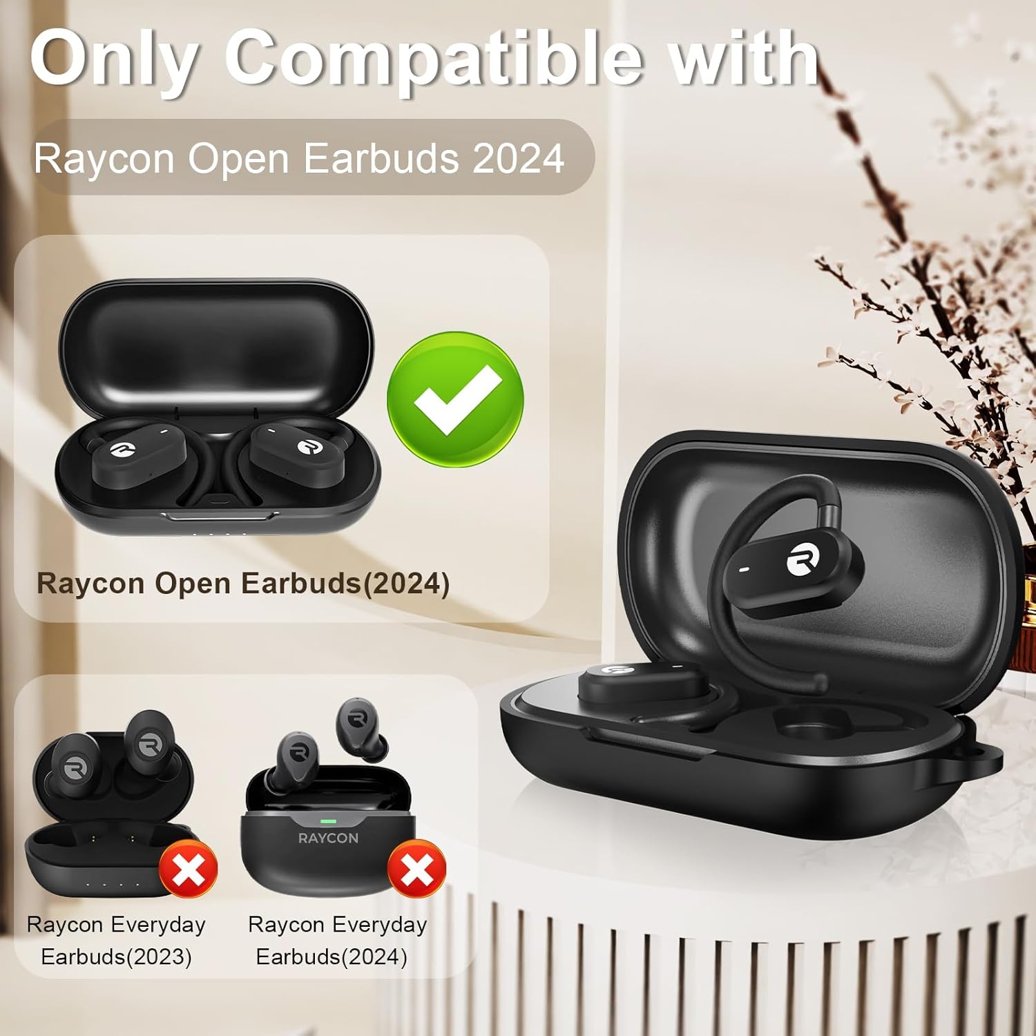 Compatible with Raycon Open Earbuds Case Cover, Soft Silicone Shockproof Protective Skin Case for Raycon Open Ear Bluetooth Headphones with Cleaner Kit & Carabiner (Black) - Image 2